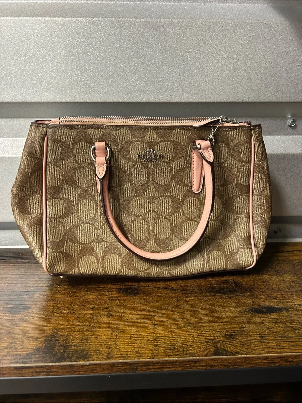 Coach Signature Logo Satchel Top Handle Zip Detachable Strap Brown Pink